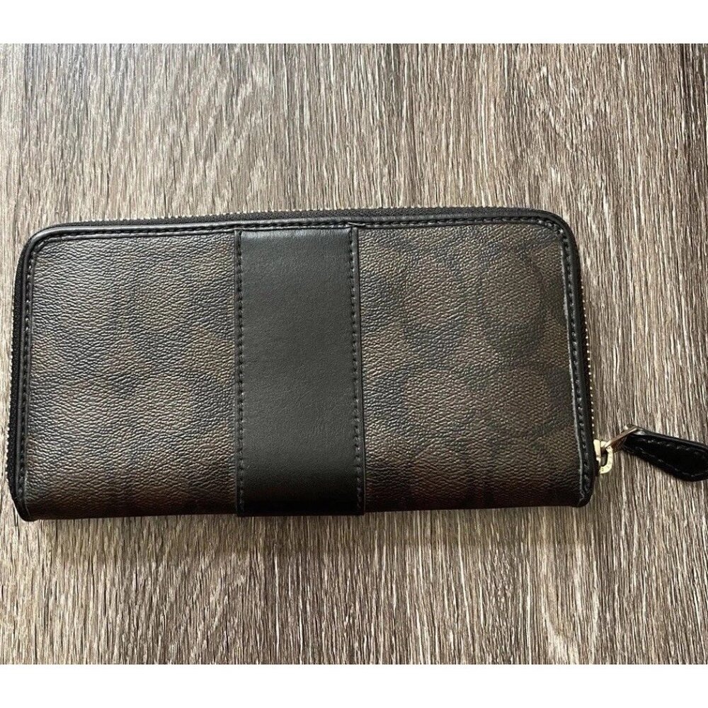 Coach Long Zip Around Wallet In Signature Canvas Brown Black Gold Tone Hardware - Picture 4 of 16